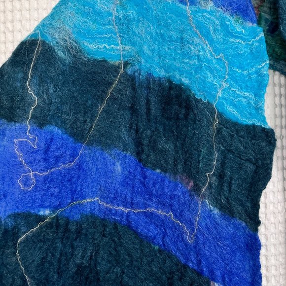 Artisan felted wool and silk scarf in gorgeous blues - 69" x 14"- Reversible - Picture 6 of 7
